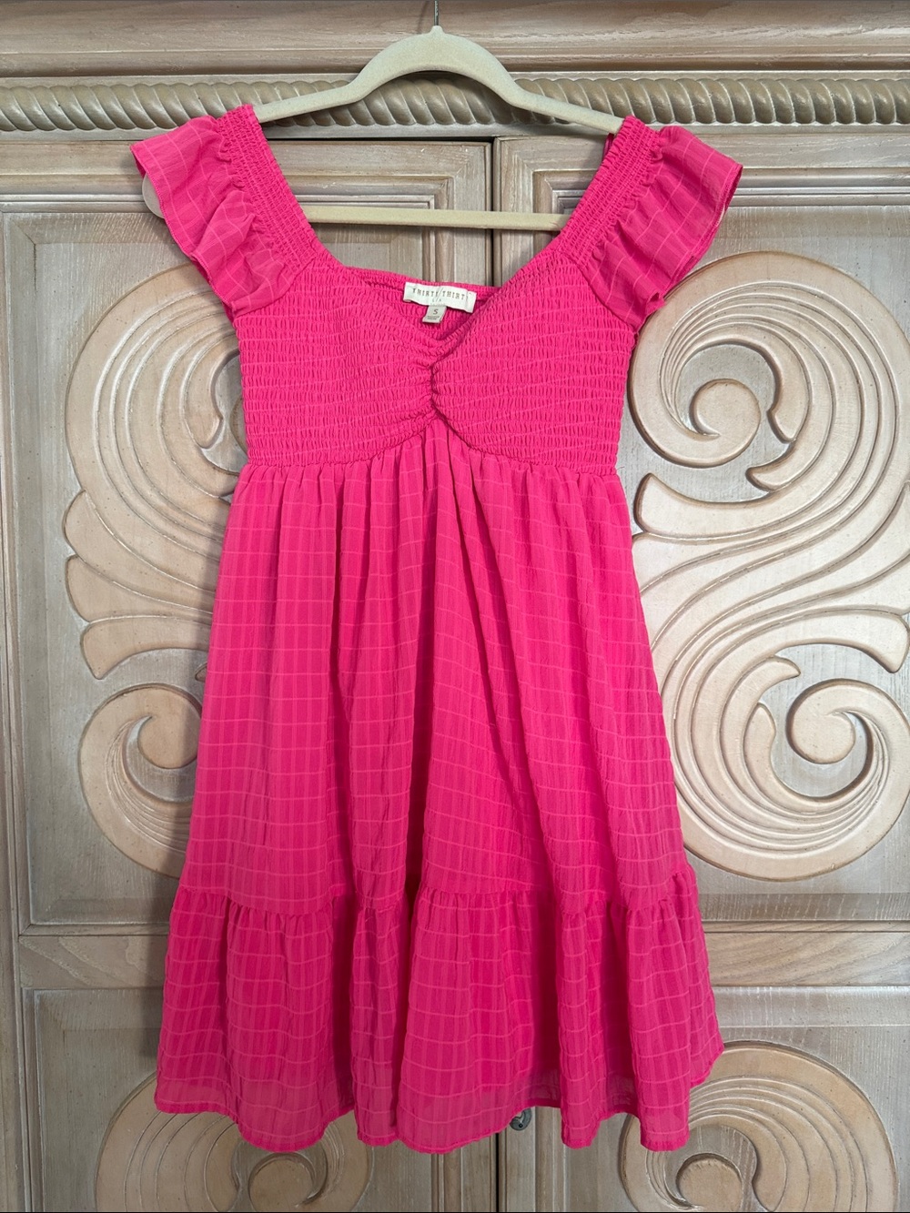 Smocked Bright Pink Casual Square-Neck Dress